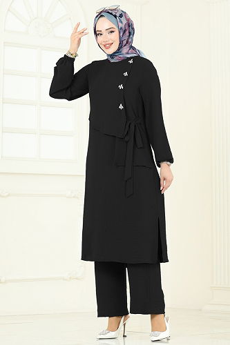 moda selvim Önü Taşlı Bağcıklı Takım 2719SL432 Siyah - Thumbnail