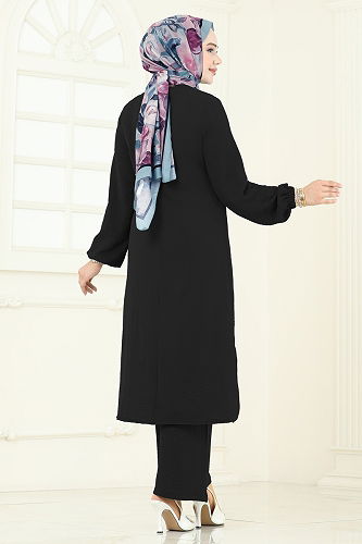 moda selvim Önü Taşlı Bağcıklı Takım 2719SL432 Siyah - Thumbnail