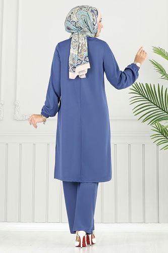 moda selvim Önü Taşlı Dabıl Takım 429DVL817 İndigo - Thumbnail