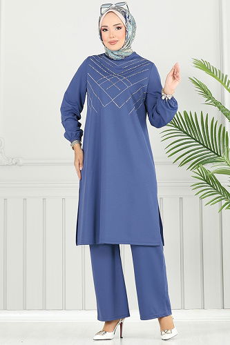 moda selvim Önü Taşlı Dabıl Takım 429DVL817 İndigo - Thumbnail