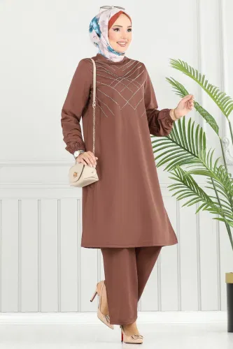 D.V.L. - Önü Taşlı Dabıl Takım 429DVL817 Kahve