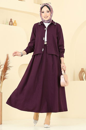 moda selvim Önü Taşlı Etekli Sofia Takım 3116HBS856 Mürdüm - Thumbnail