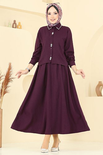 moda selvim Önü Taşlı Etekli Sofia Takım 3116HBS856 Mürdüm - Thumbnail