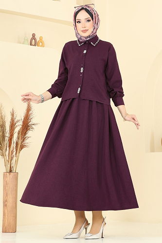 moda selvim Önü Taşlı Etekli Sofia Takım 3116HBS856 Mürdüm - Thumbnail