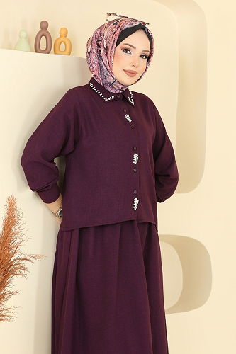 moda selvim Önü Taşlı Etekli Sofia Takım 3116HBS856 Mürdüm - Thumbnail