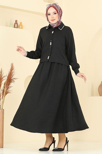 moda selvim Önü Taşlı Etekli Sofia Takım 3116HBS856 Siyah - Thumbnail