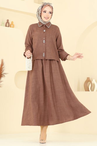 moda selvim Önü Taşlı Etekli Sofia Takım 3116HBS856 Taba - Thumbnail