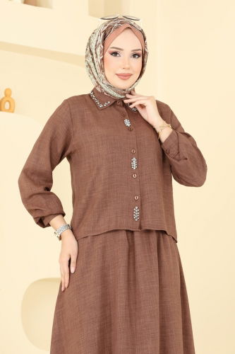 moda selvim Önü Taşlı Etekli Sofia Takım 3116HBS856 Taba - Thumbnail