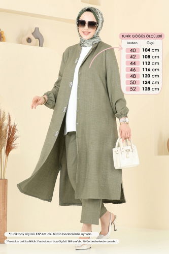 moda selvim Önü Taşlı Keten Takım 23004UKB139 Çağla - Thumbnail