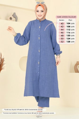 moda selvim Önü Taşlı Keten Takım 23004UKB139 İndigo - Thumbnail