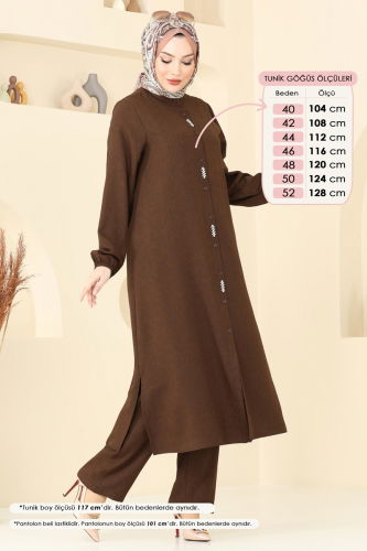 moda selvim Önü Taşlı Keten Takım 23004UKB139 Kahve - Thumbnail