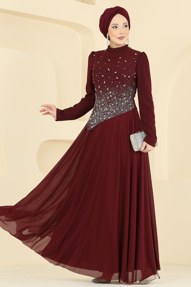 Önü Taşlı Krep Abiye 5755EDF311 Bordo