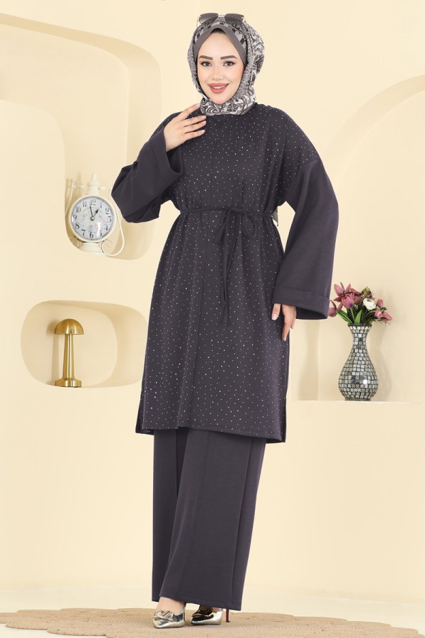 Modaselvim Kombin Önü Taşlı Modal Takım 2605ERK1158 Açık Antrasit