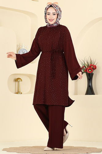 moda selvim Önü Taşlı Modal Takım 2605ERK1158 Bordo - Thumbnail