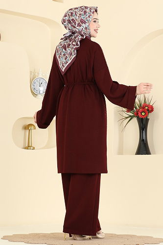 moda selvim Önü Taşlı Modal Takım 2605ERK1158 Bordo - Thumbnail
