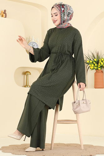 moda selvim Önü Taşlı Modal Takım 2605ERK1158 Haki - Thumbnail