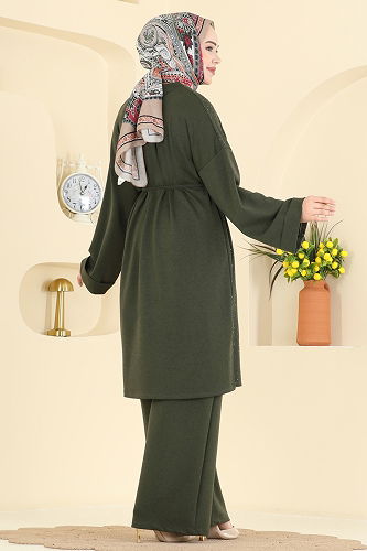 moda selvim Önü Taşlı Modal Takım 2605ERK1158 Haki - Thumbnail