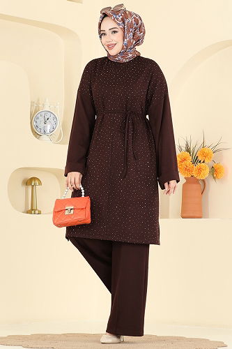 moda selvim Önü Taşlı Modal Takım 2605ERK1158 Kahve - Thumbnail
