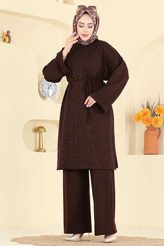 moda selvim Önü Taşlı Modal Takım 2605ERK1158 Kahve - Thumbnail