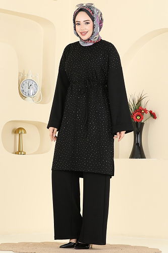 moda selvim Önü Taşlı Modal Takım 2605ERK1158 Siyah - Thumbnail