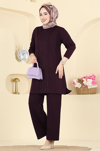 moda selvim Önü Taşlı Modal Takım 2782AYD574 Bordo - Thumbnail