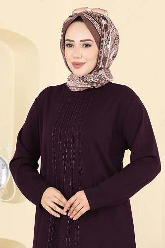 moda selvim Önü Taşlı Modal Takım 2782AYD574 Bordo - Thumbnail