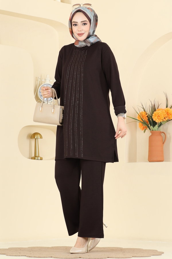 Modaselvim Kombin Önü Taşlı Modal Takım 2782AYD574 Koyu Kahve