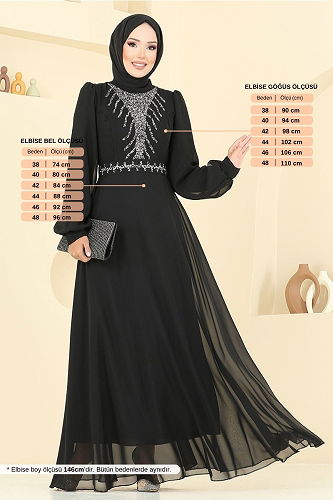 moda selvim Önü Taşlı Şifon Abiye 2425ANT904-M Siyah - Thumbnail