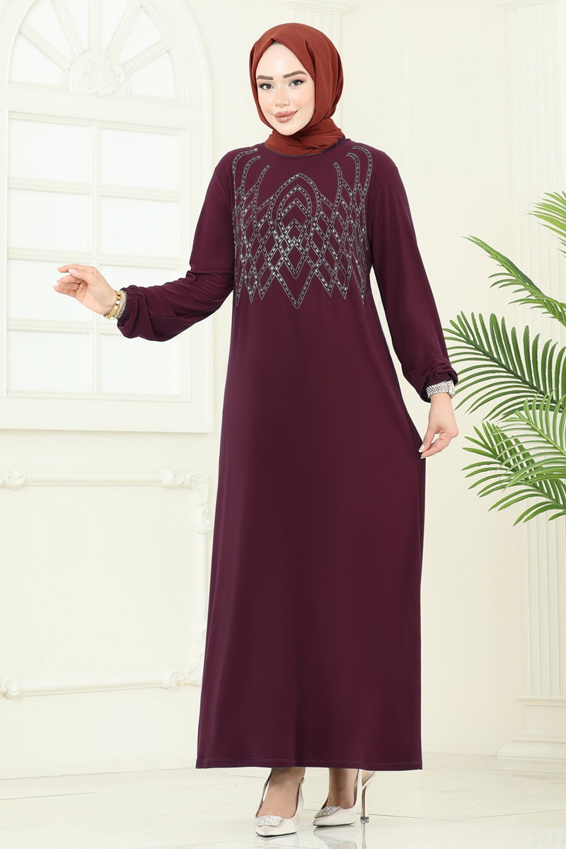 Önü Taşlı Şık Elbise 3401UZ662 Mürdüm