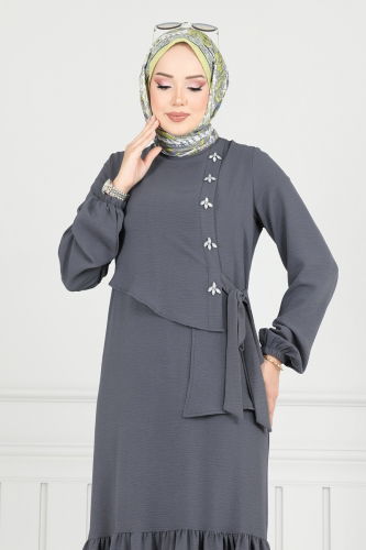 moda selvim Önü Taşlı Tesettür Elbise 2680SL432 Antrasit - Thumbnail