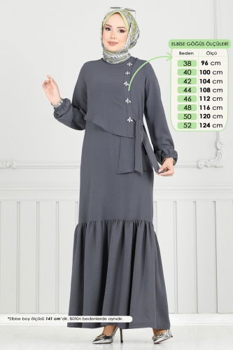 moda selvim Önü Taşlı Tesettür Elbise 2680SL432 Antrasit - Thumbnail