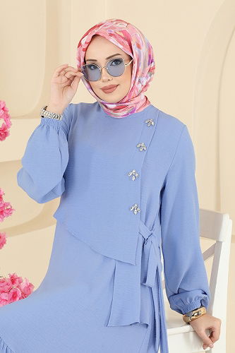 moda selvim Önü Taşlı Tesettür Elbise 2680SL432 Bebe Mavisi - Thumbnail
