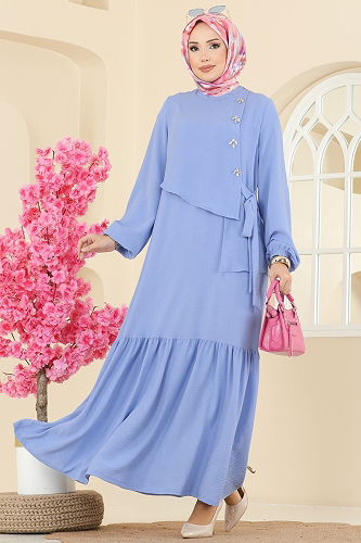 moda selvim Önü Taşlı Tesettür Elbise 2680SL432 Bebe Mavisi - Thumbnail