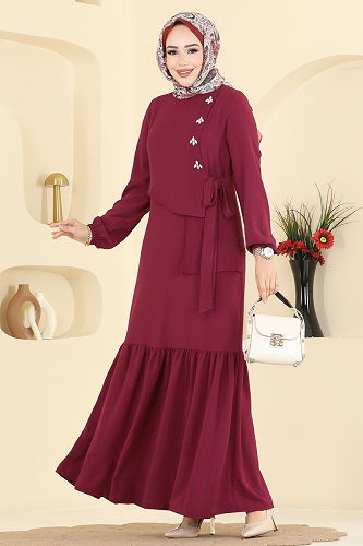 moda selvim Önü Taşlı Tesettür Elbise 2680SL432 Bordo - Thumbnail
