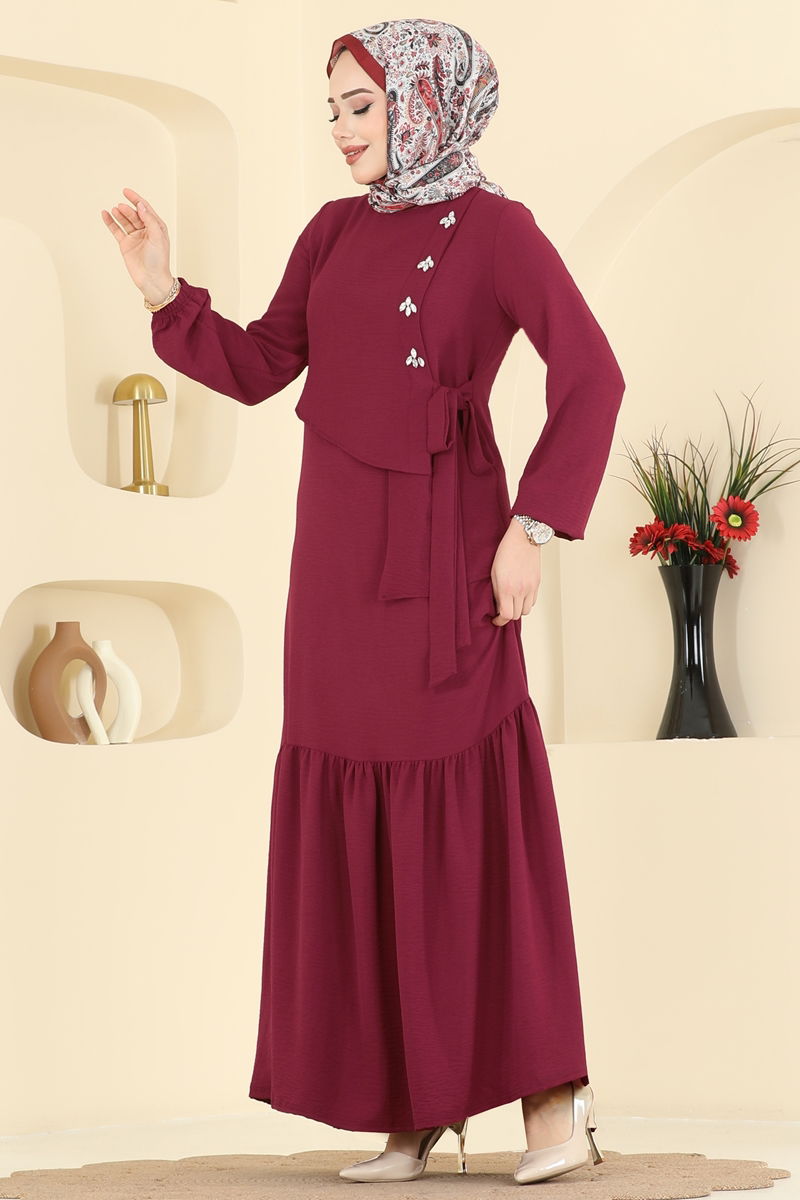 Önü Taşlı Tesettür Elbise 2680SL432 Bordo