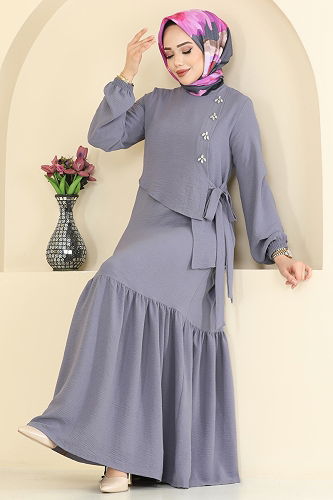 moda selvim Önü Taşlı Tesettür Elbise 2680SL432 Gri - Thumbnail