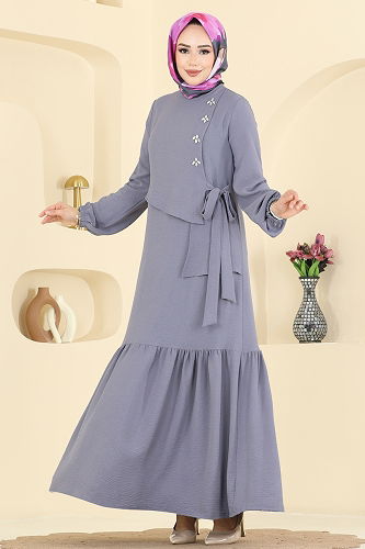 moda selvim Önü Taşlı Tesettür Elbise 2680SL432 Gri - Thumbnail