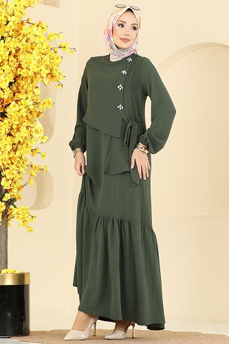 moda selvim Önü Taşlı Tesettür Elbise 2680SL432 Haki - Thumbnail