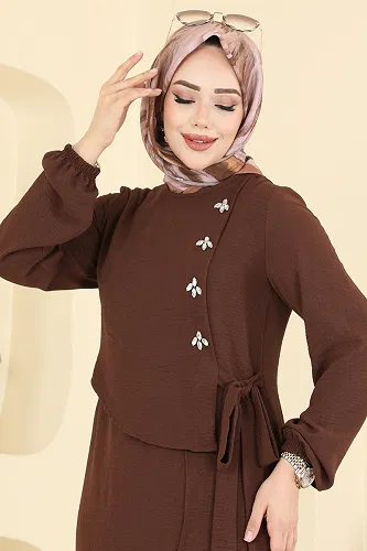 moda selvim Önü Taşlı Tesettür Elbise 2680SL432 Kahve - Thumbnail