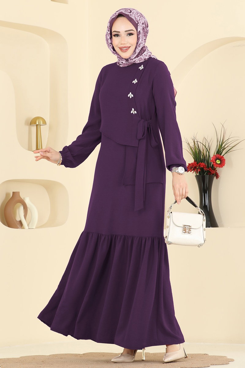 Önü Taşlı Tesettür Elbise 2680SL432 Koyu Mor