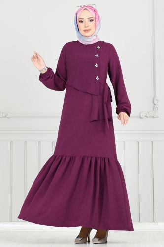 moda selvim Önü Taşlı Tesettür Elbise 2680SL432 Mor - Thumbnail