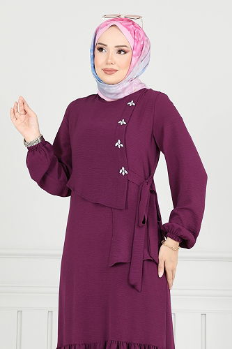 moda selvim Önü Taşlı Tesettür Elbise 2680SL432 Mor - Thumbnail