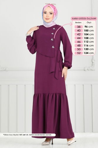 moda selvim Önü Taşlı Tesettür Elbise 2680SL432 Mor - Thumbnail