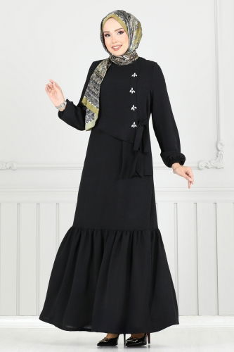 moda selvim Önü Taşlı Tesettür Elbise 2680SL432 Siyah - Thumbnail