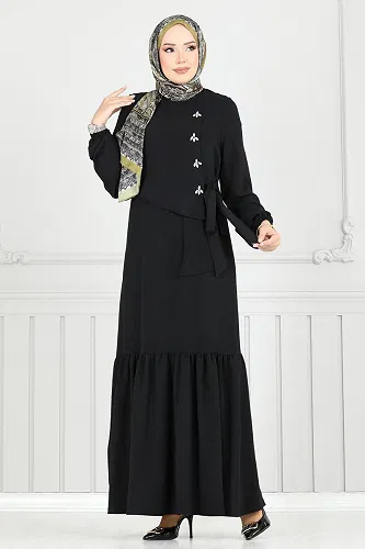moda selvim Önü Taşlı Tesettür Elbise 2680SL432 Siyah - Thumbnail