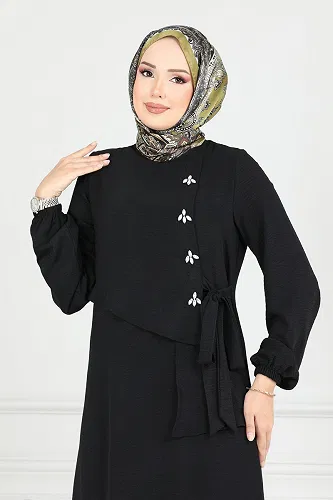 moda selvim Önü Taşlı Tesettür Elbise 2680SL432 Siyah - Thumbnail