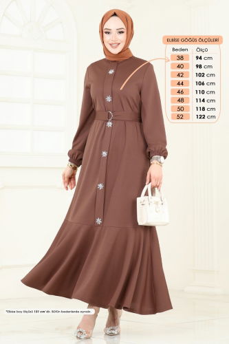 moda selvim Önü Taşlı Tesettür Elbise 396DVL817 Açık Kahve - Thumbnail