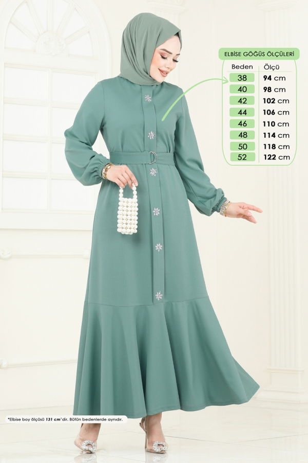Modaselvim Elbise Önü Taşlı Tesettür Elbise 396DVL817 Mint