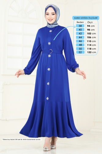moda selvim Önü Taşlı Tesettür Elbise 396DVL817 Saks - Thumbnail