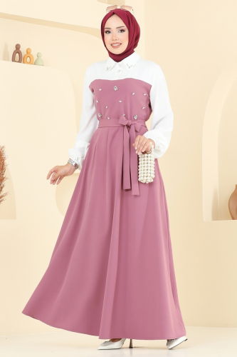moda selvim Önü Taşlı Tesettür Elbise 8035ABK1075 Gül Kurusu - Thumbnail